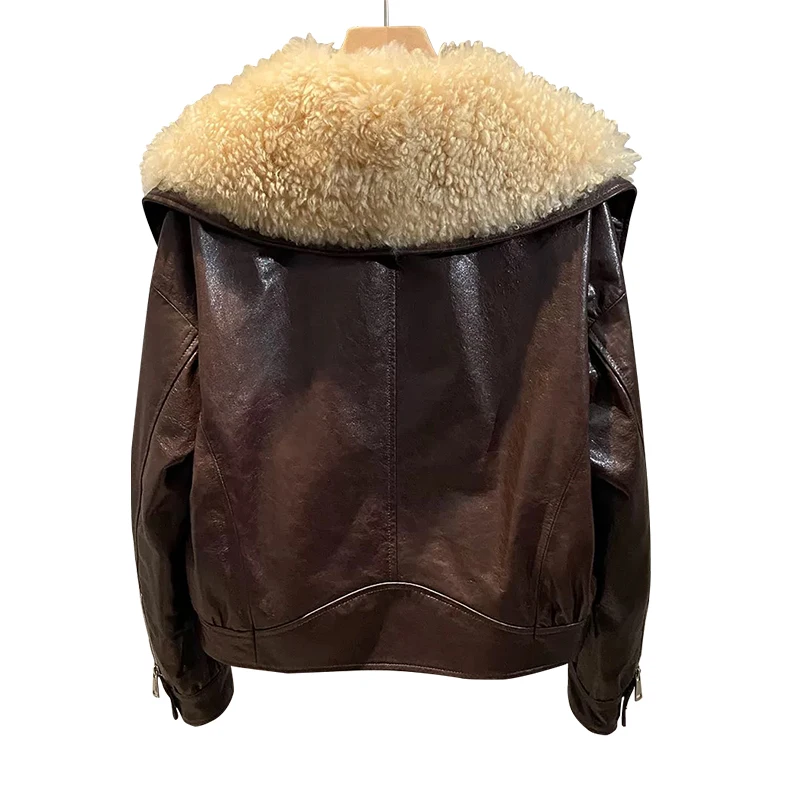 Cropped Motorcycle Leather Fur Coat Women Winter Genuine Sheepskin Shearling Leather Jacket With Lamb Fur Collar
