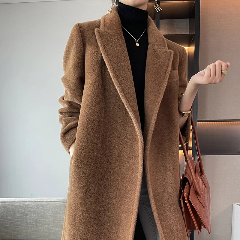 Price Luxurious Camel Hair Cloth Long Tie a Belt Fit Elegant Women s Wear Minimalist Long Sleeve Cashmere Coat