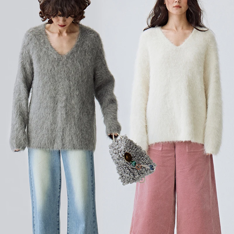 Oversized V Neck Long Sleeve Pullover Knitted Cotton Sweater Women