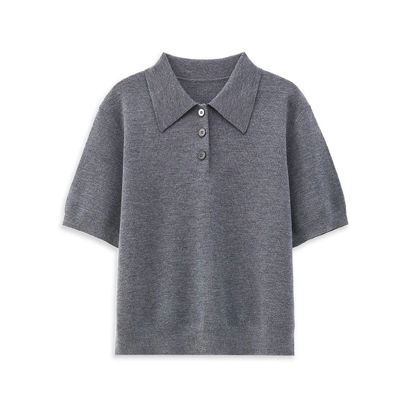 Preppy Style Polo Shirts Knitted Pullover Summer Short Sleeve 100% Wool Knitwear for Women