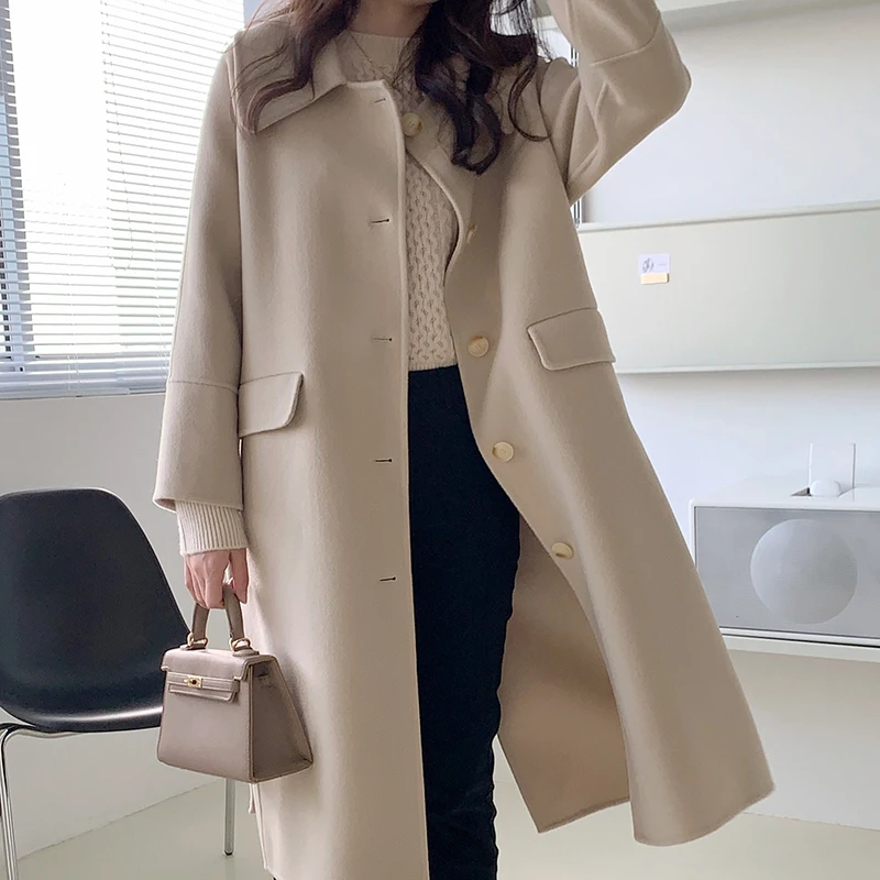 High-end Woolen Goods Winter  100% Wool Coat Single Breasted Fashion Classic New Design Solid Color Jacket