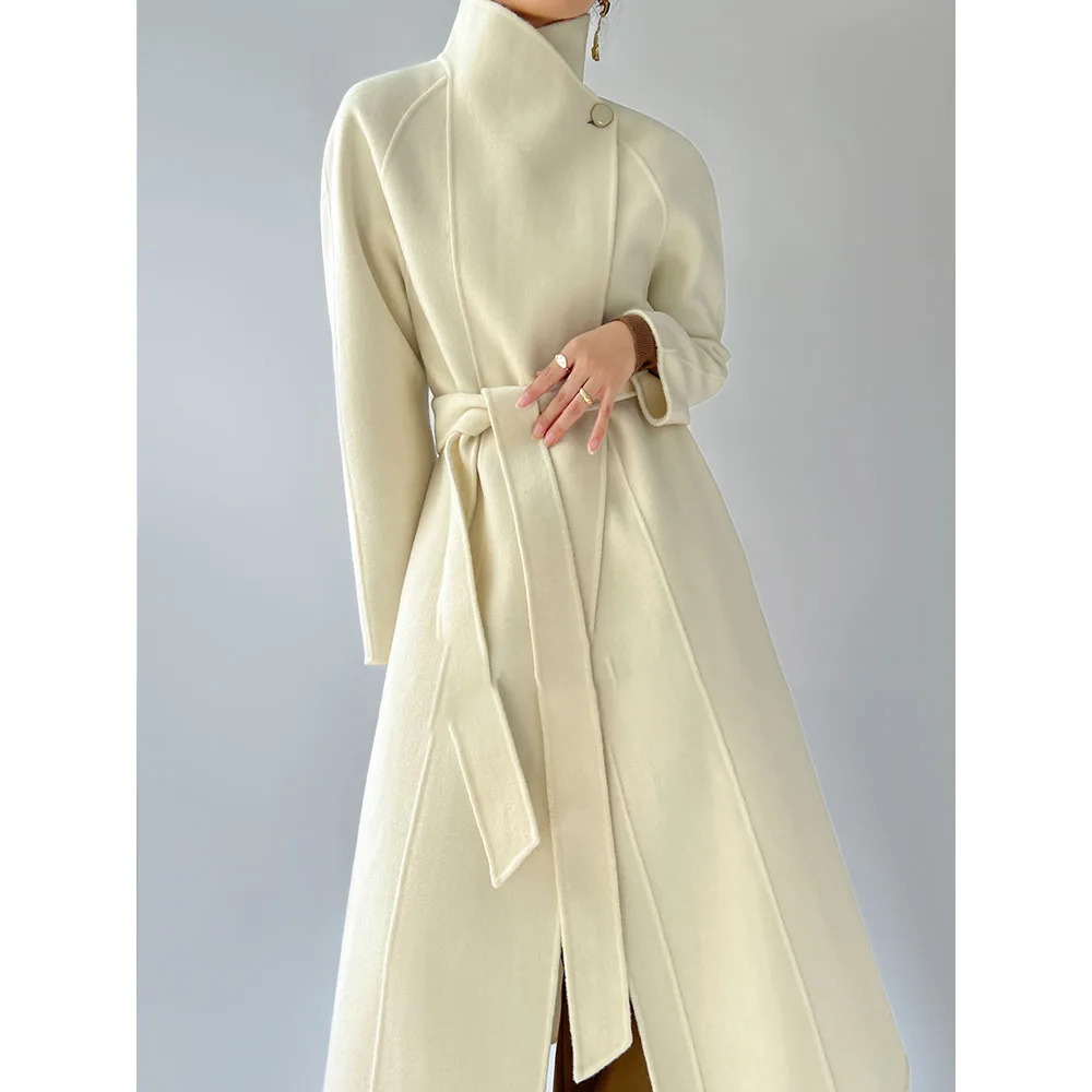 High-end Collar Double-sided Cashmere Coat Women in the Long Paragraph 2025 Autumn and Winter New Temperament Laced Wool Tweed