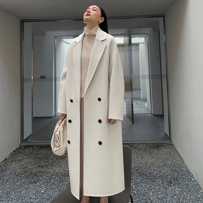 European Fashion commuter Winter Warm 100% Wool Coat Ladies Classic Elegant Coat Double-breasted Long Sleeve With Pockets