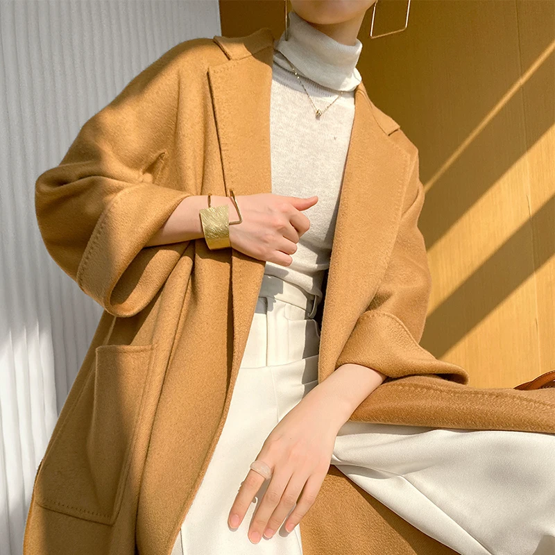 Lace-up Stick Pocket the Latest Design Winter Double-faced Woolen Goods 100% Cashmere Coat Classic     Handmade Jacket