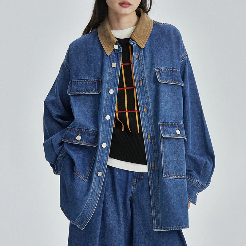 Turn Down Collar Cropped Denim Cotton Jackets Women With Big Pockets