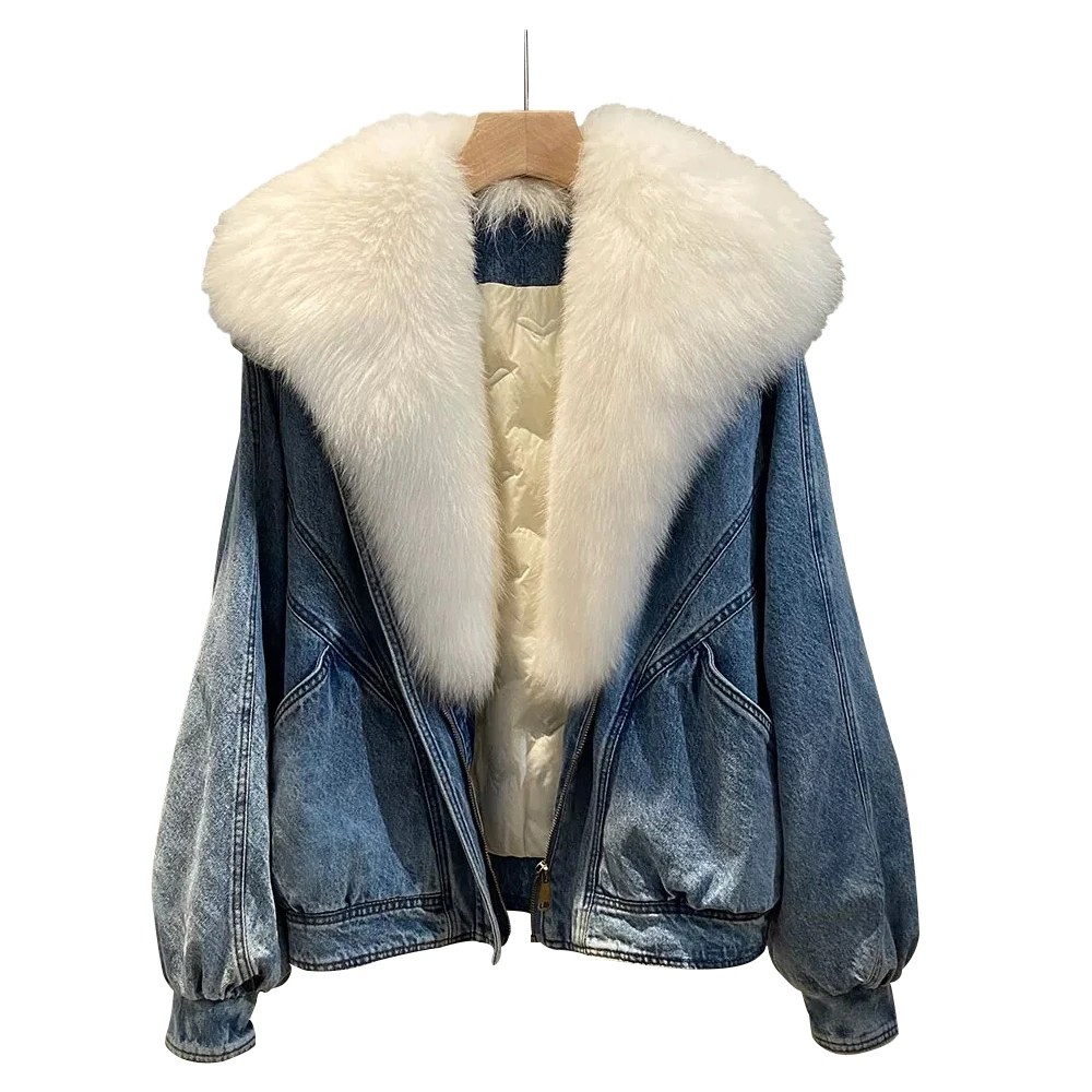 Cropped White Duck Down Liner Women Denim Jacket Women With Real Big Fox Fur Collar