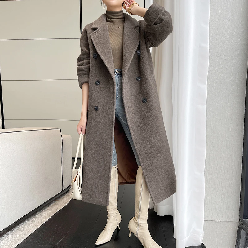 Made in High-end High Quality Vicuna Alpaca Upset to Keep Warm  Double-breasted Lace-up Long Sleeve  Cashmere Coat