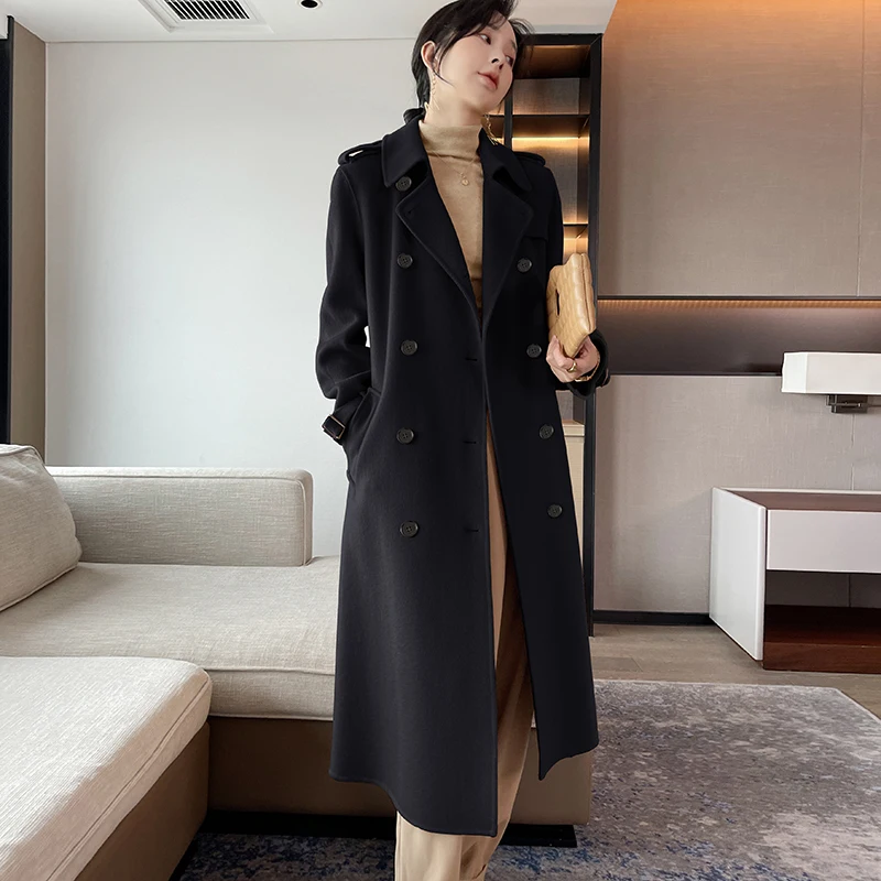 Price High Quality Pure Color Long Cashmere Coats Windbreaker  Australian Wool Cashmere Elegant Long Coat for Women