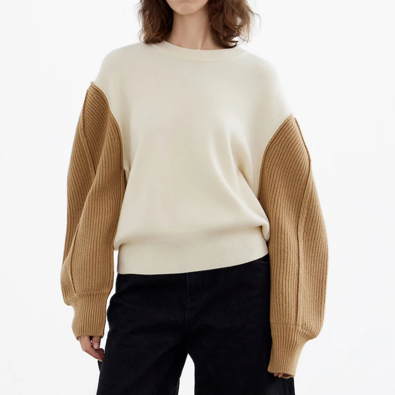 Luxury Patchwork Sleeve Knitwear Winter O Neck Women 100% Wool Knitted Sweater