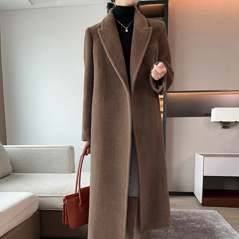 Price Luxurious Camel Hair Cloth Long Tie a Belt Fit Elegant Women s Wear Minimalist Long Sleeve Cashmere Coat