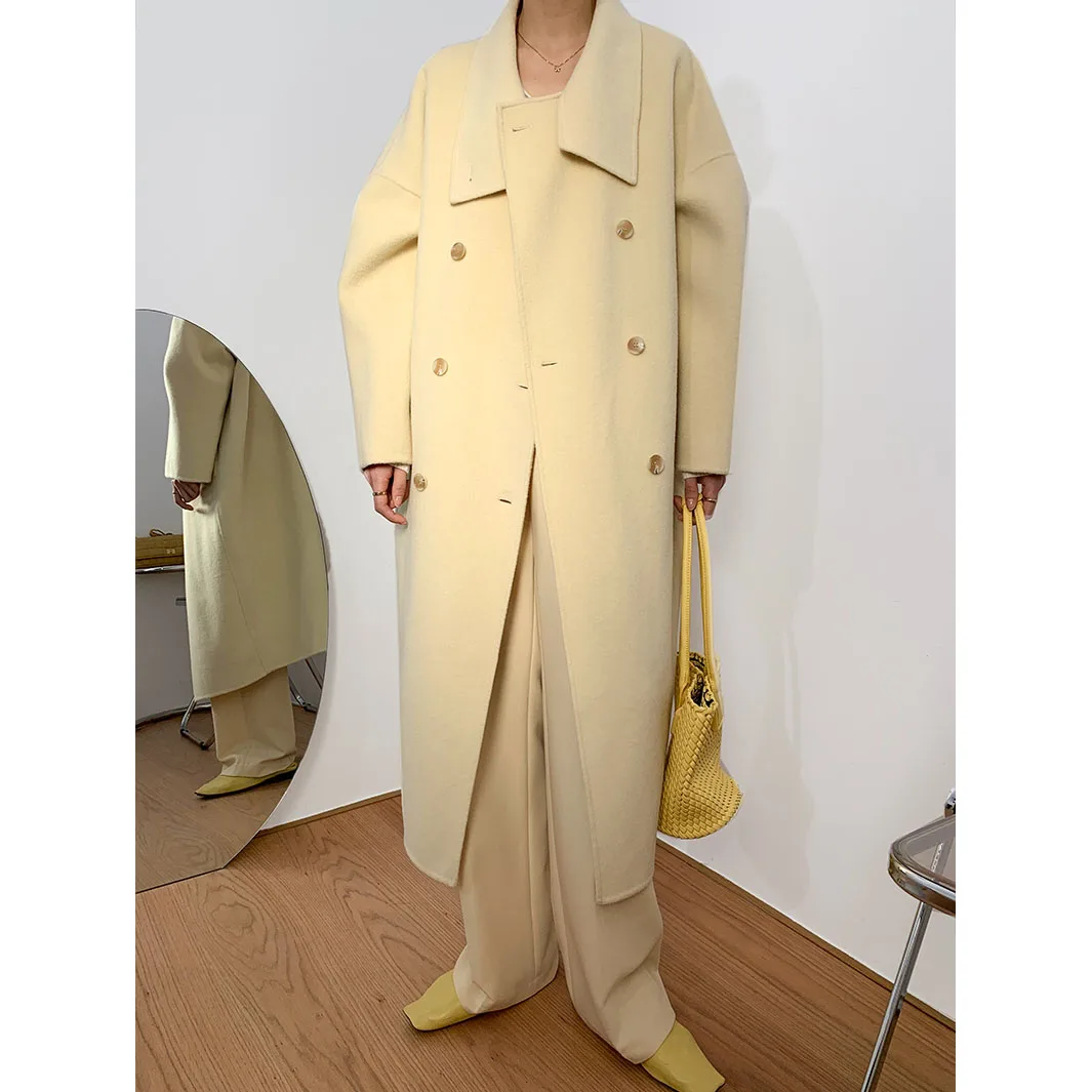 High-end Medium-length Paragraph Double-breasted Simple Double-sided Cashmere Coat Tweed Jacket Female Korean 2025 New