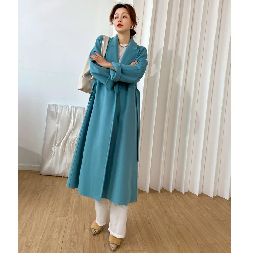 Amazon Hot Sale 100%  Cashmere Natural Fiber Knitted Petite Thick Warm Lambsdown Women Breasted Winter Belted Coat With Pockets