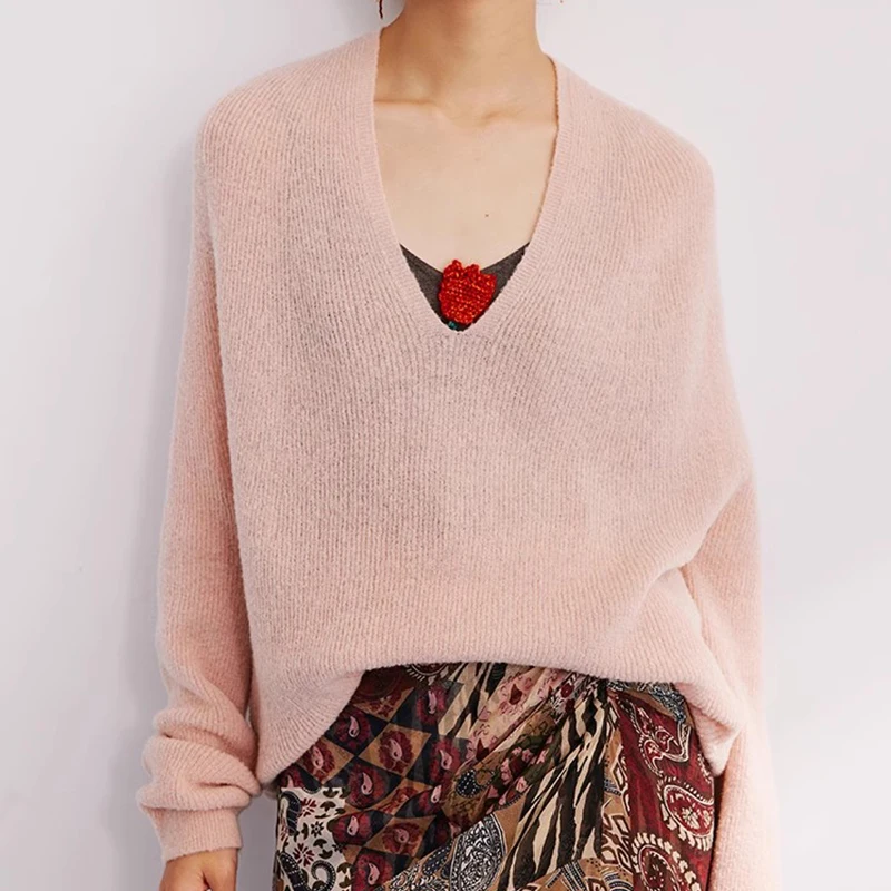 New Fashion Long Sleeve Knitted Wool Pullover Sweaters V Neck Knitwear for Women