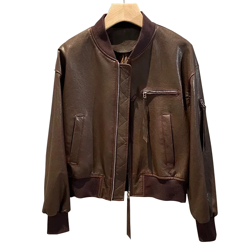Windproof Women Crop Vintage Real Sheepskin Leather Jackets