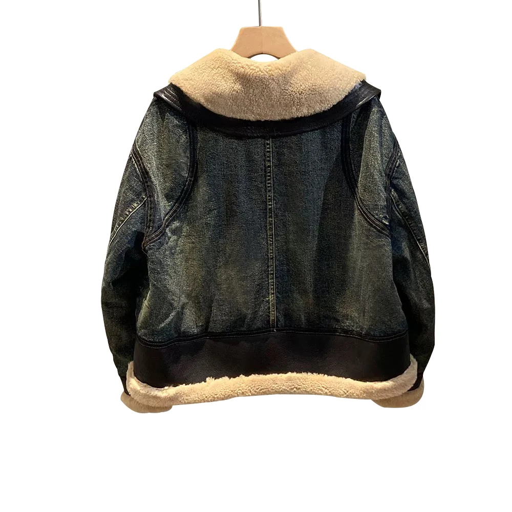 Goose Down Inner Liner Denim Coat Winter Leather Collar Denim Jackets With Lamb Fur