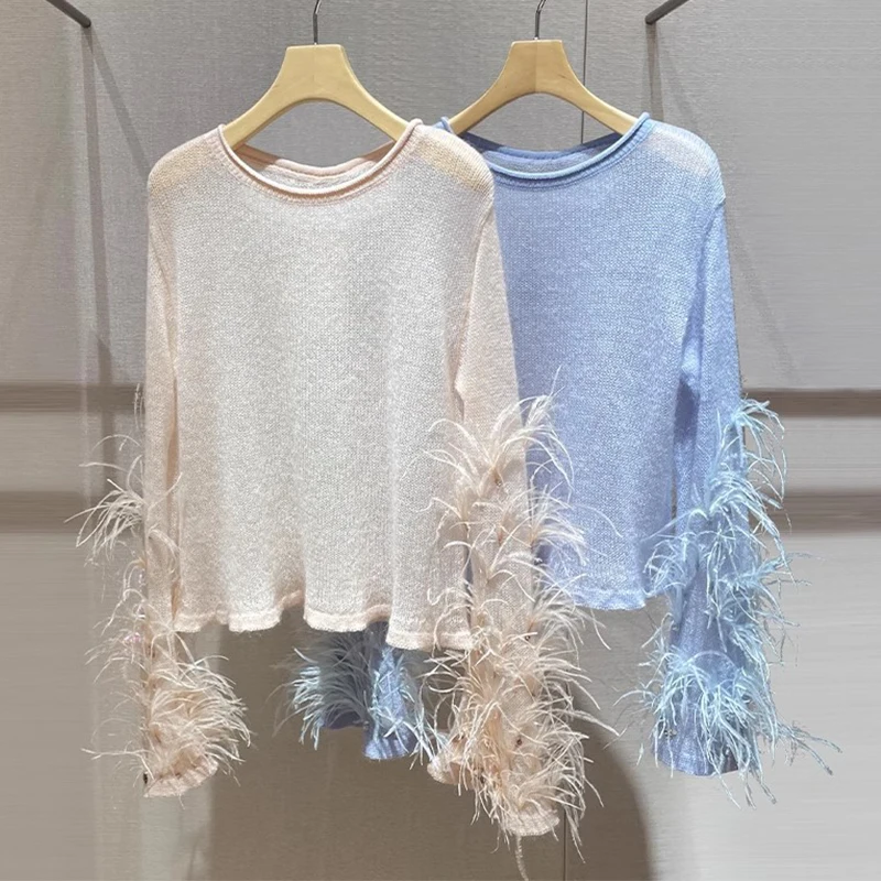 Luxury Women’s 100% Wool Knitted Sweater Hollow out Design with Ostrich Feather New Summer Casual Style Front