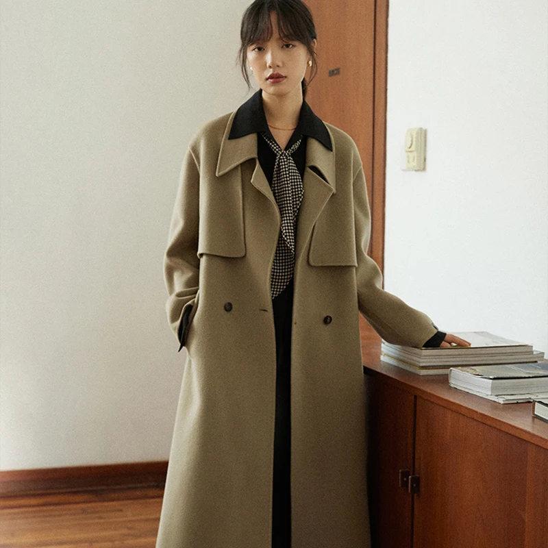 High-end Woolen Goods Winter  100% Wool Coat Double-breasted Fashion Classic New Design Solid Color Jacket