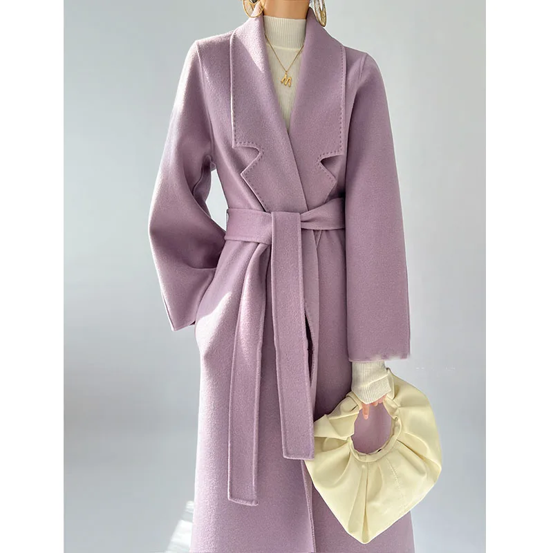 Advanced Sense of Purple Double-sided Tweed Cashmere Coat Female 2025 Autumn and Winter New Loose Long Paragraph Laced Wool