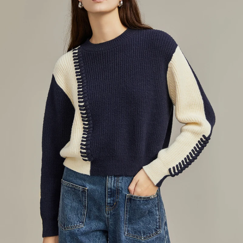 Mixed Colors Winter Loose Knitwear Women Handmade Wool Knitted Sweaters