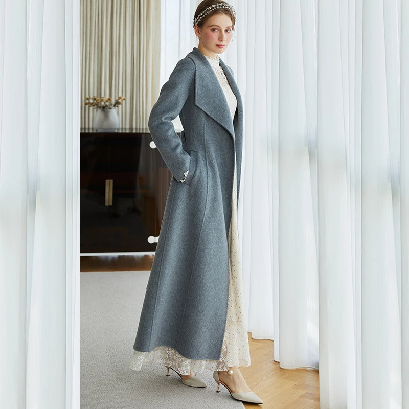 High-definition Thickened British Wool Coat to Ankle Long Slim Gray Double-sided Tweed Jacket