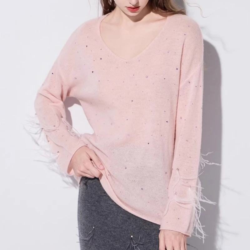Luxury Hot Fix Rhinestone Designs Tassels Knitwear Short Cotton Knitted Sweater Women with Ostrich Feather
