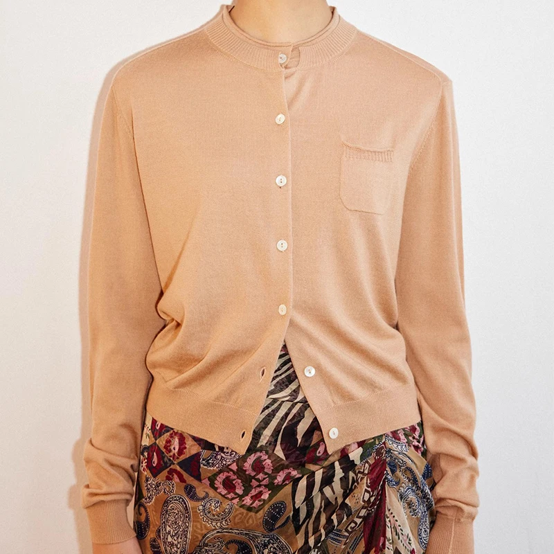 Single Breasted Cropped Knitwear Stand Collar 100% Wool Knitted Cardigans Sweater Women