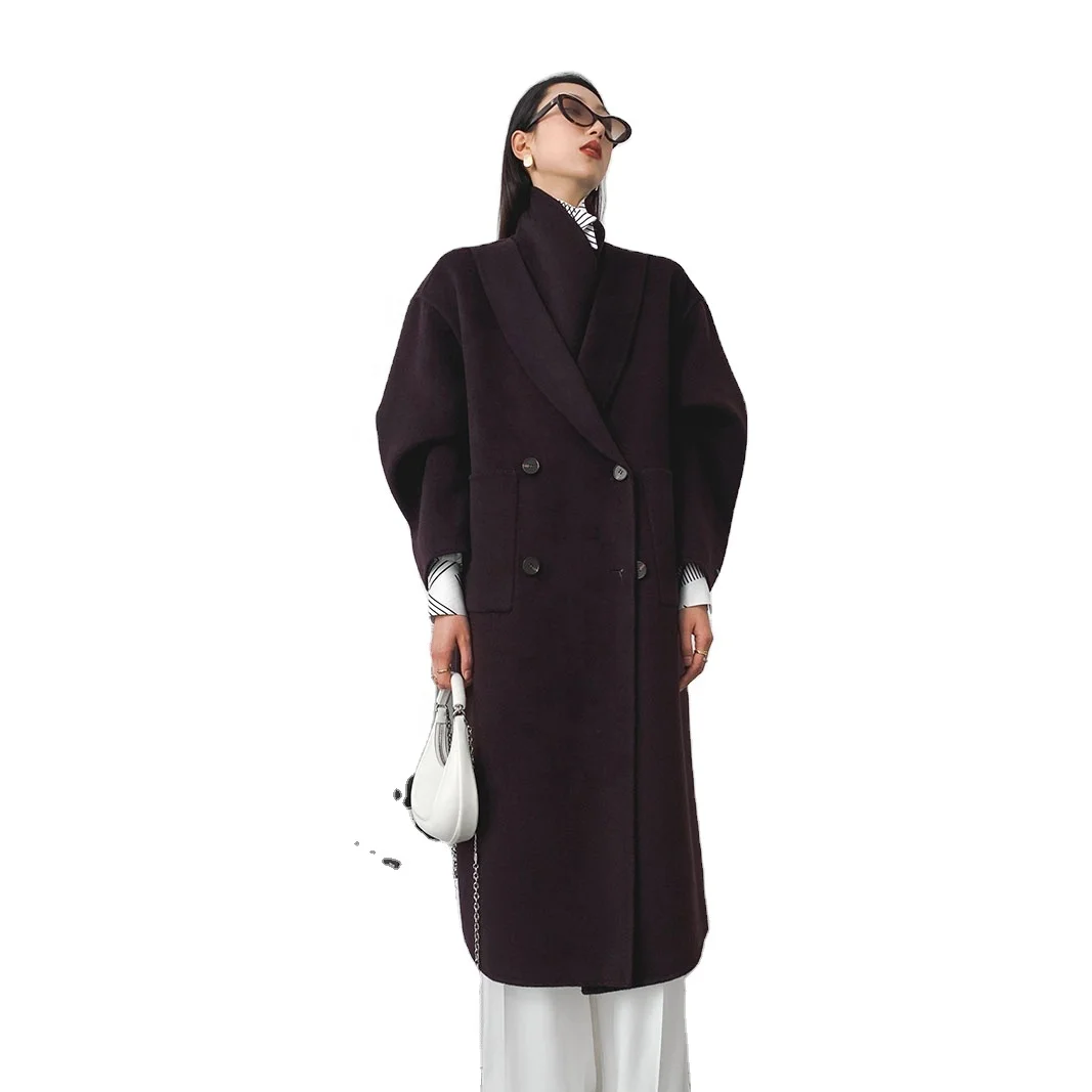 Double Placket Fruit Collar Thickened Double-sided Cashmere Coat Tweed Tall Coat Female Hepburn Style Classic Simple Long Coat