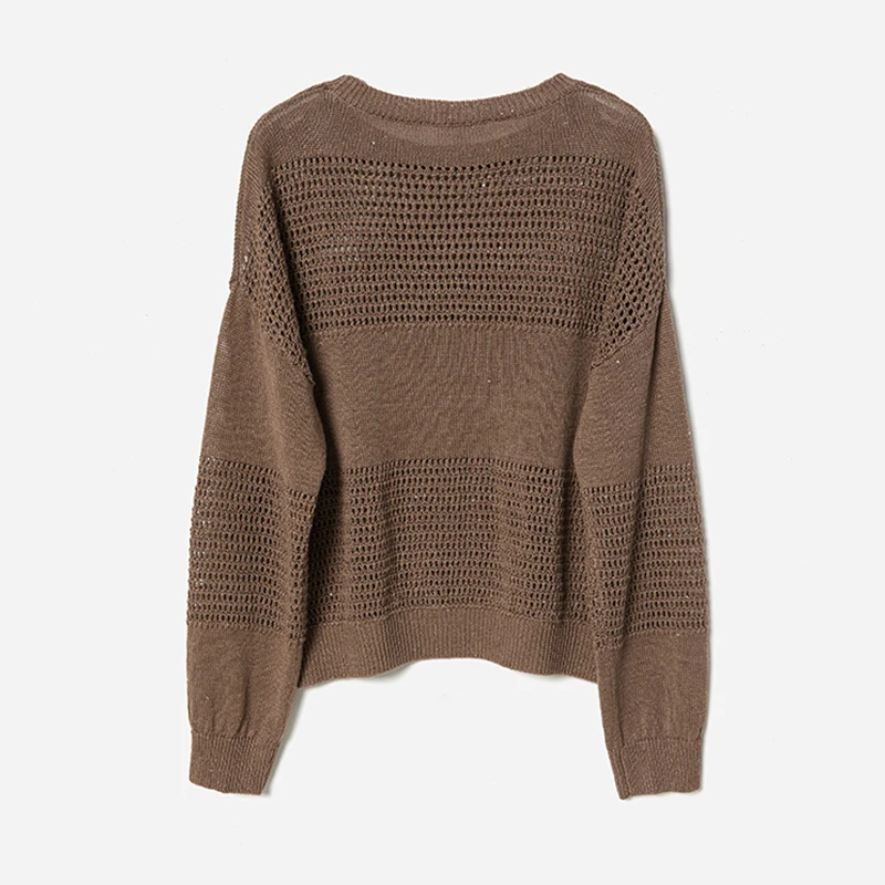 O Neck Hollow Out Knitted Sweater Pullover Linen Knitwear Women