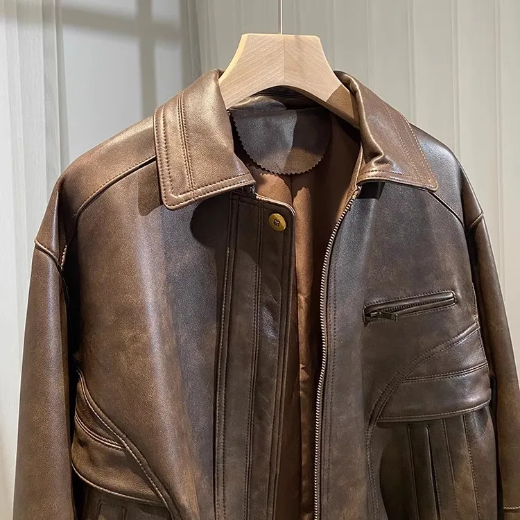 Windproof Women Crop Vintage Real Sheepskin Leather Jackets