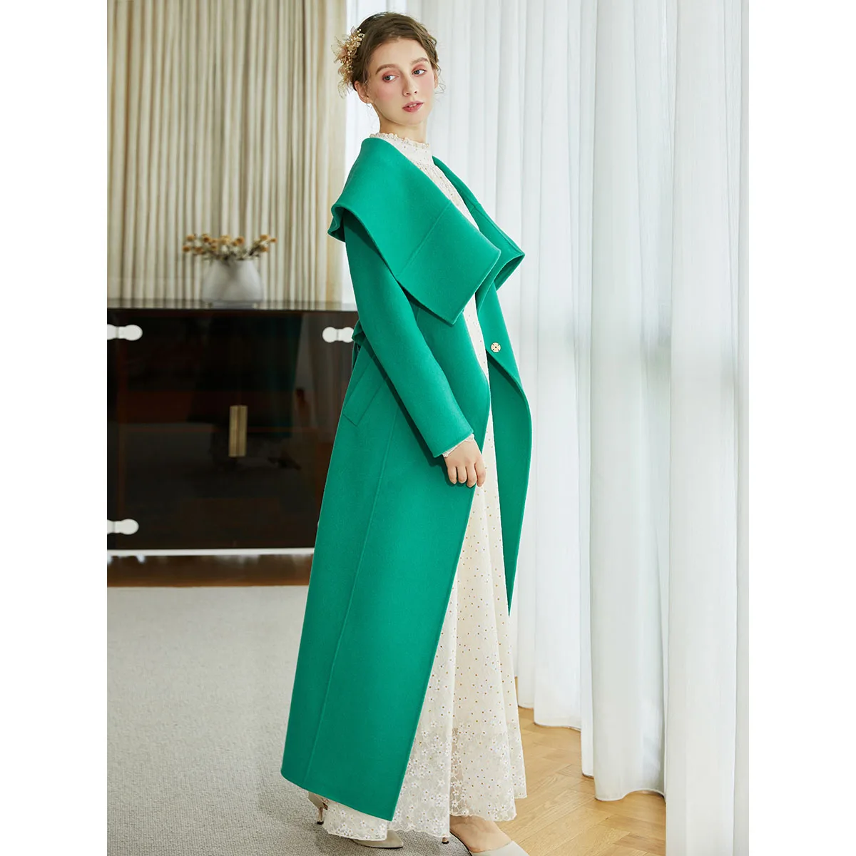 Design Sense Double-sided Wool Fleece Coat Oversized Lapels Double-breasted Slim Knee-length Coat Green