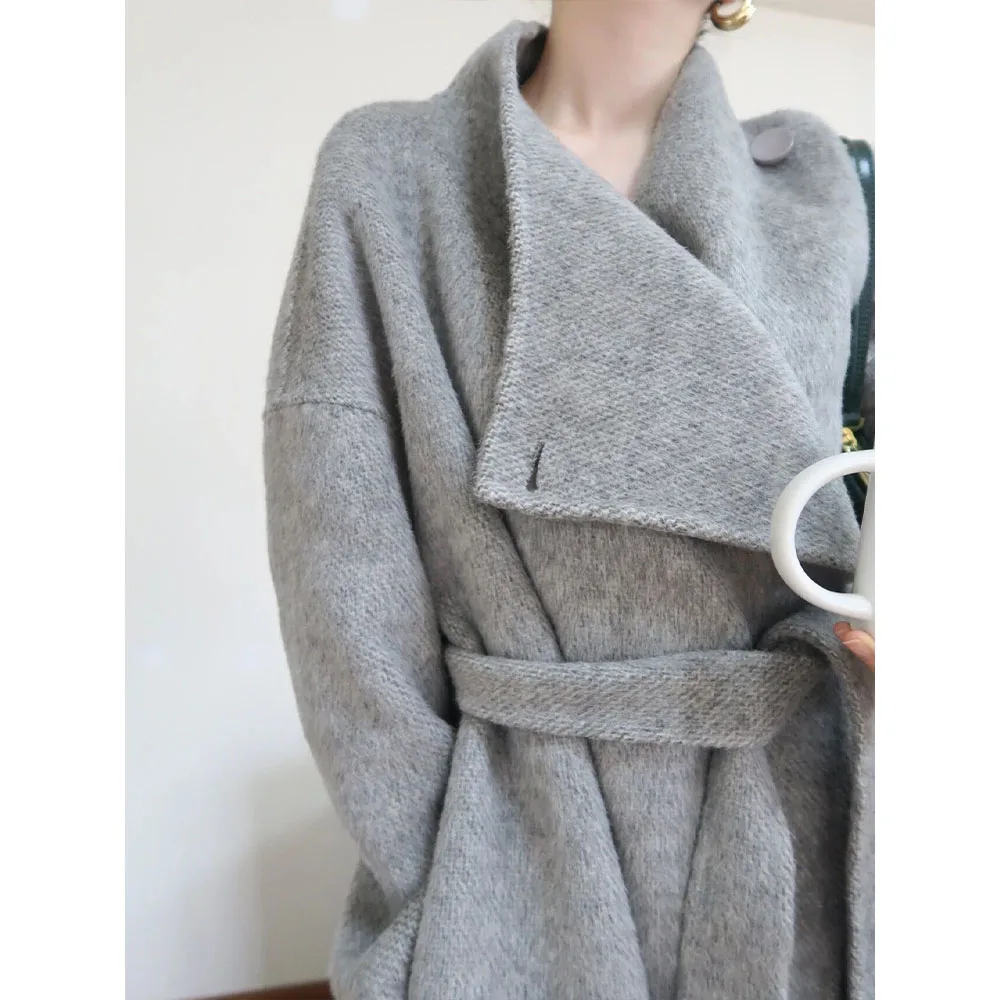2025 Autumn and Winter New Women’s Wool Coat Thickened Long Jacket Pure Color Casual Temperament Lazy Gray Jacket