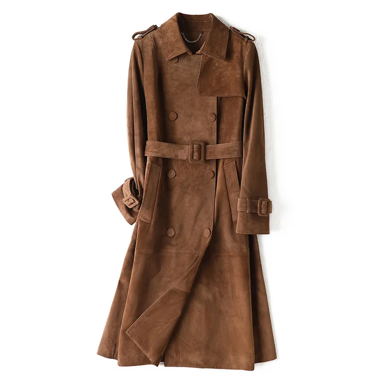 High End Vintage Fleece Leather Trench Coat Luxury Long Genuine Cowhide Suede Leather Jackets for Women