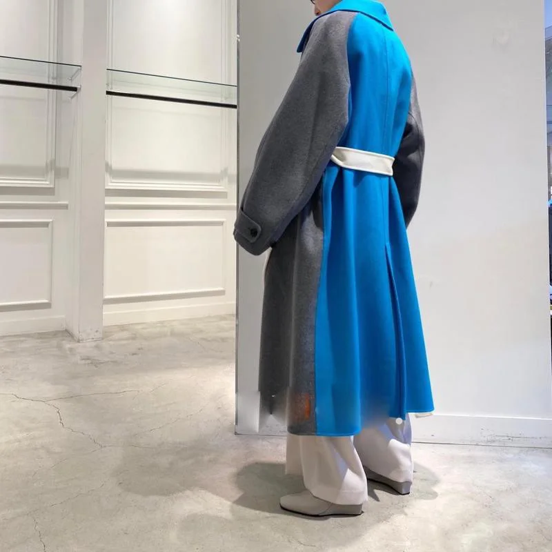 Niche Design Vintage Doll Collar Splicing Collision Color Reversible 100% Loose Wool Coat