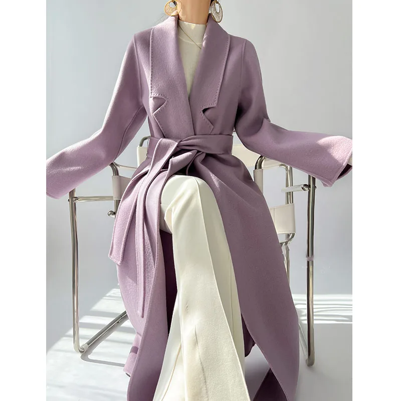 Advanced Sense of Purple Double-sided Tweed Cashmere Coat Female 2025 Autumn and Winter New Loose Long Paragraph Laced Wool