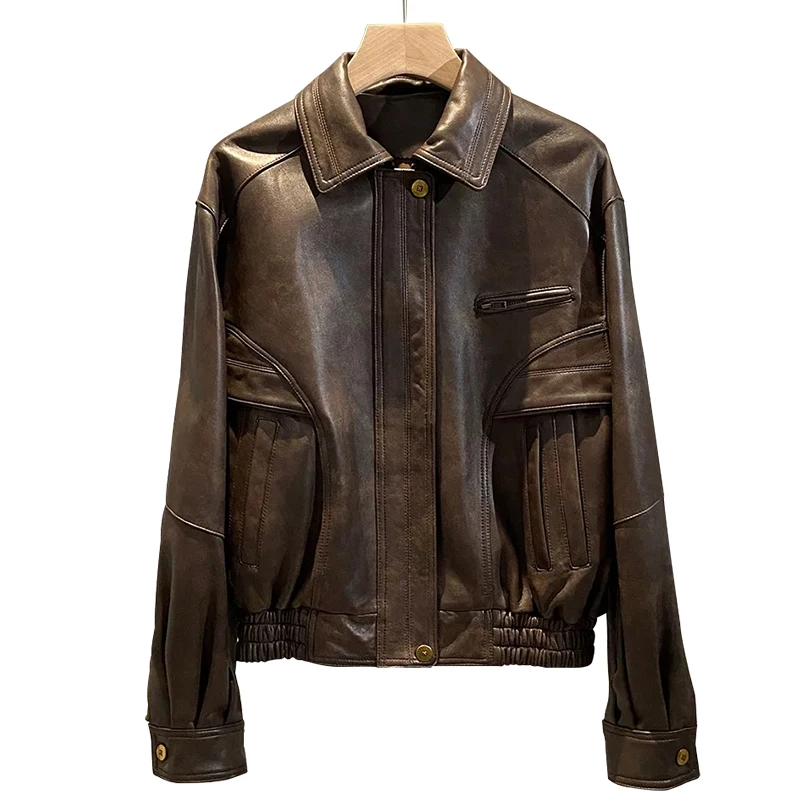 Vegetable Tanned Leather Jacket Crop Real Sheepskin Leather Coat for Women