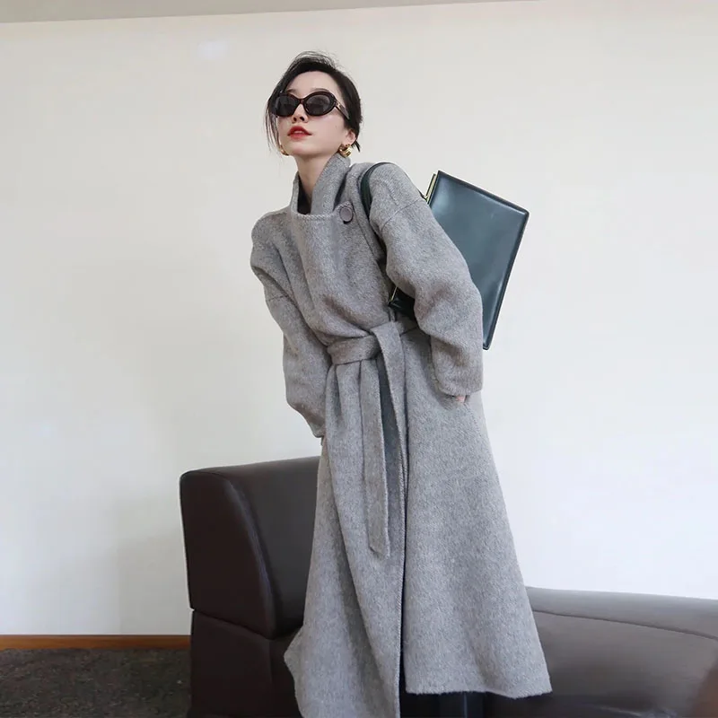 2025 Autumn and Winter New Women’s Wool Coat Thickened Long Jacket Pure Color Casual Temperament Lazy Gray Jacket