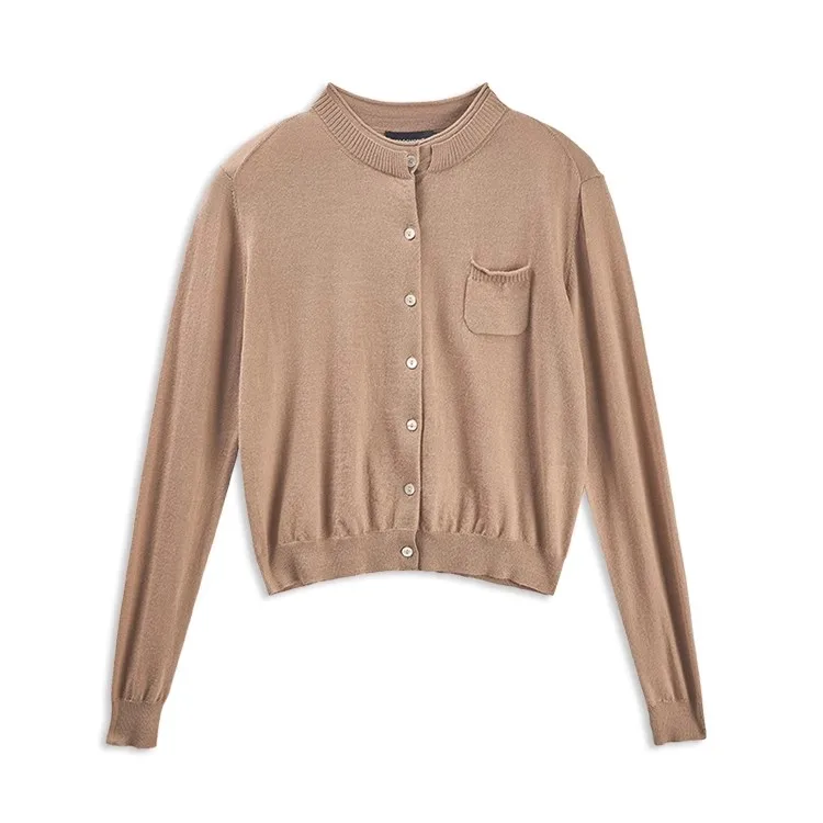 Single Breasted Cropped Knitwear Stand Collar 100% Wool Knitted Cardigans Sweater Women