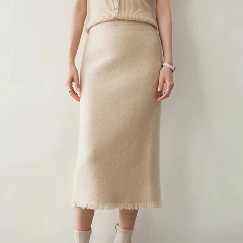 Straight Solid Cashmere Fitted Maxi Skirt Women Knitted Wool Skirts with Tassels