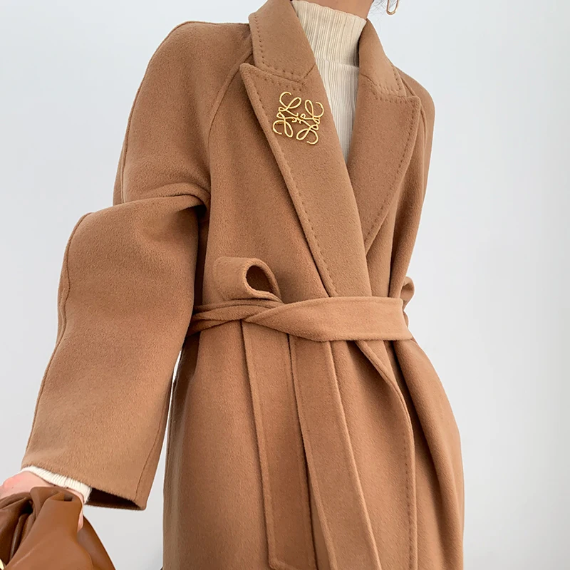 High-end Winter commuter Double-sided Cashmere Jacket Hand-stitched Solid Color Jacket Classic Women’s Lace-ups