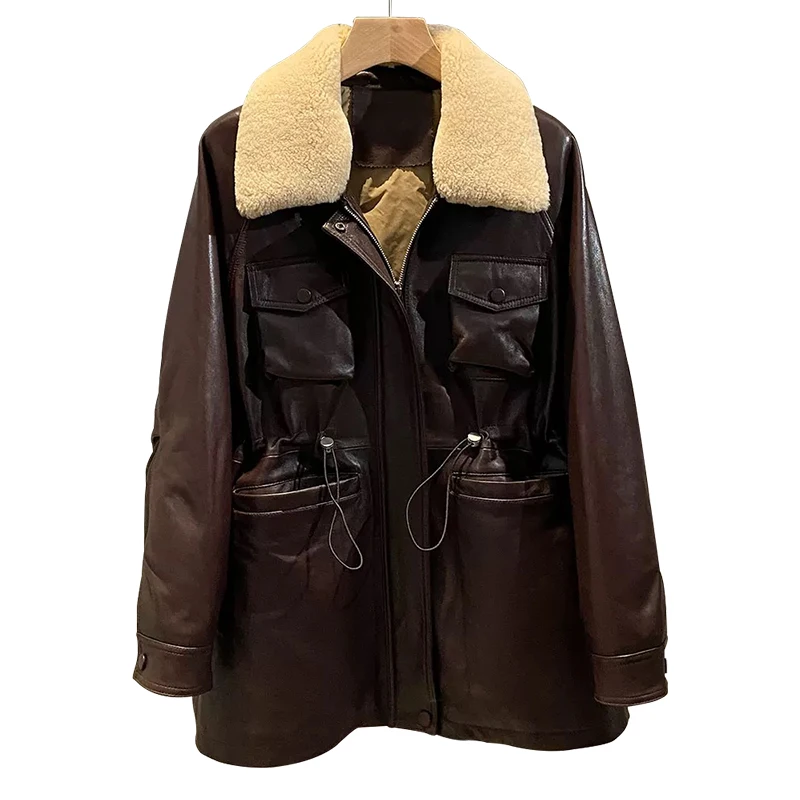 Winter Warm Genuine Sheepskin Leather Coat Women Mid Long Length Goose Down Leather Jacket With Wool Fur Collar