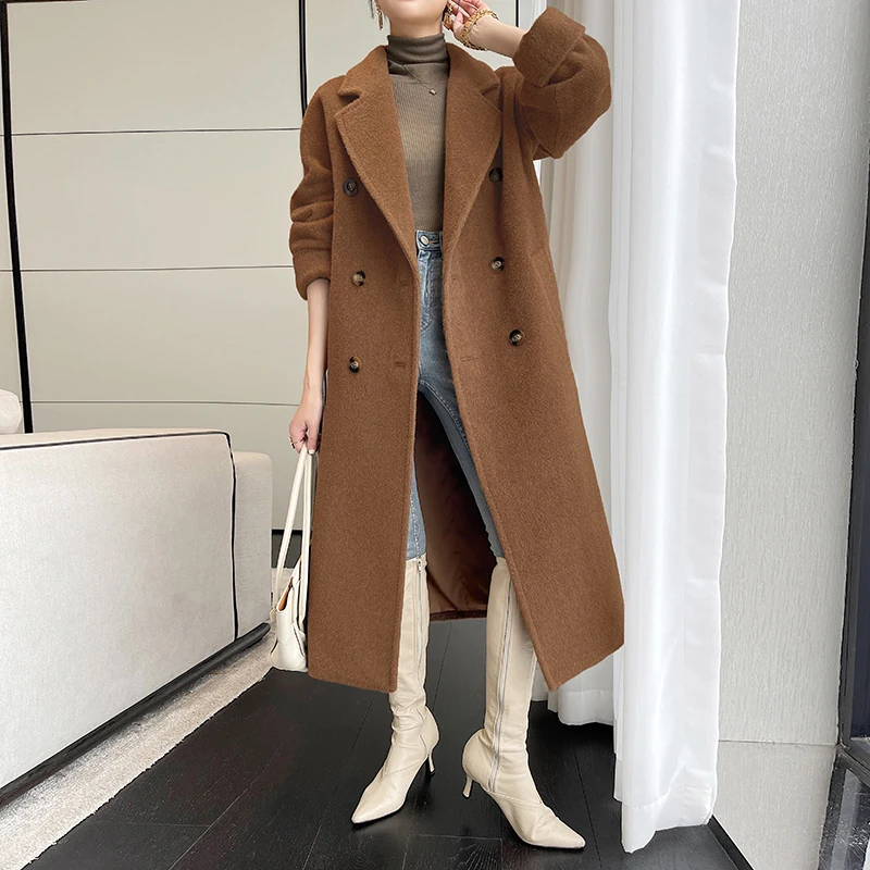Made in High-end High Quality Vicuna Alpaca Upset to Keep Warm  Double-breasted Lace-up Long Sleeve  Cashmere Coat