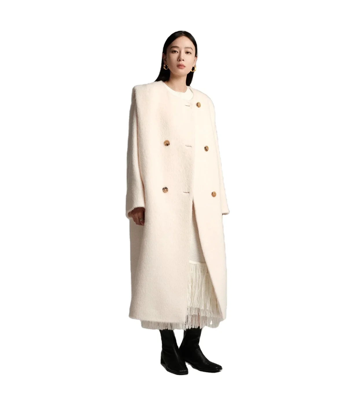 100 % Sully Alpaca Wool Fashionable Three-dimensional Padded Shoulder Shape Double-breasted Long Coat