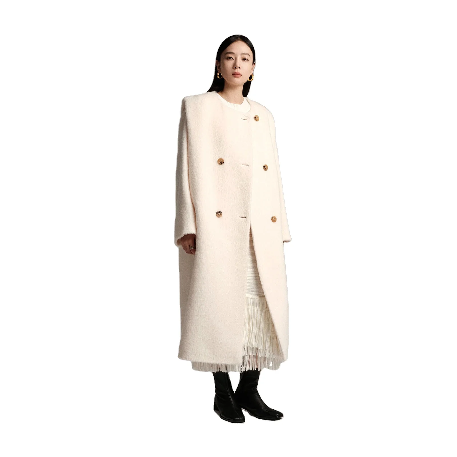 100 % Sully Alpaca Wool Fashionable Three-dimensional Padded Shoulder Shape Double-breasted Long Coat