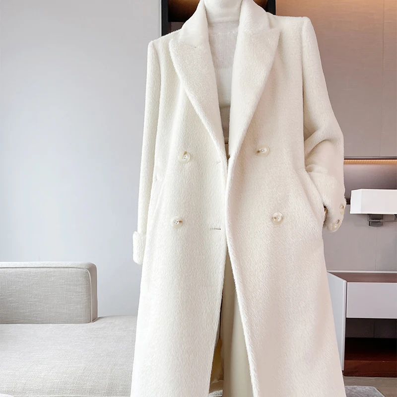 Made in High Quality the Real Alpaca Hair Tie a Belt New Design White Thickening Plush Long Sleeve Cashmere Coat