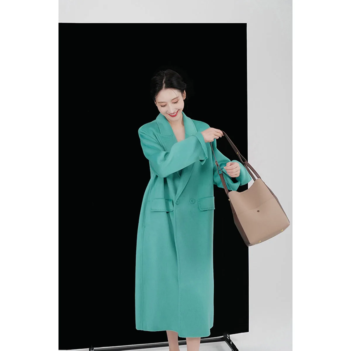 2025 Winter New Mint Green Medium-length Double-sided Cashmere Coat Female Straight Casual Wool Tweed Jacket Female