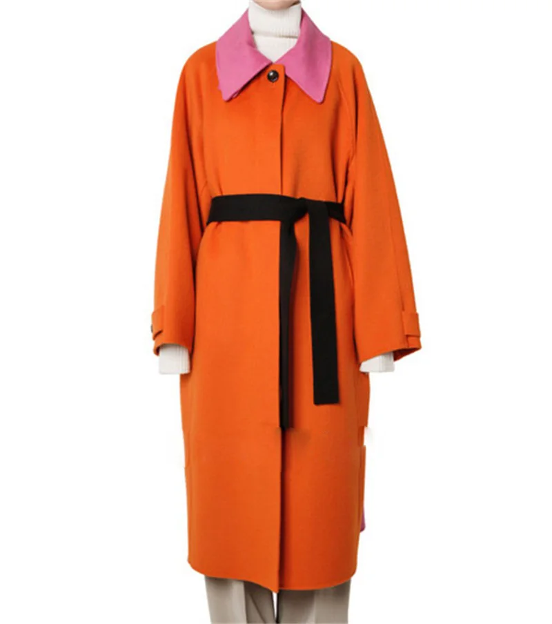 Niche Design Vintage Doll Collar Splicing Collision Color Reversible 100% Loose Wool Coat