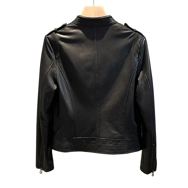 Sheepskin Leather Coat Cropped Genuine Leather Motorcycle Jackets for Women
