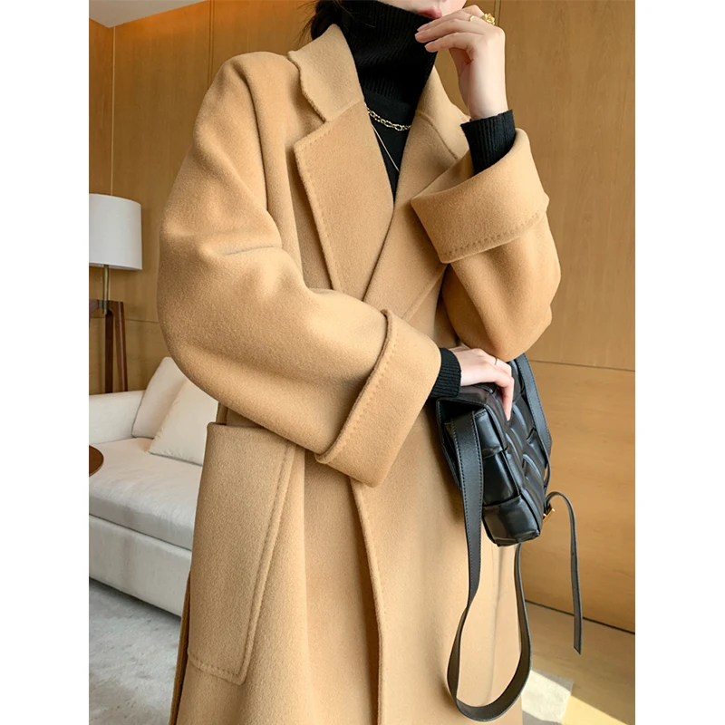 2025 Autumn and Winter New Double-sided Cashmere Coat Women’s High-end Thickened Water Wave Pattern in the Long Paragraph Wool t