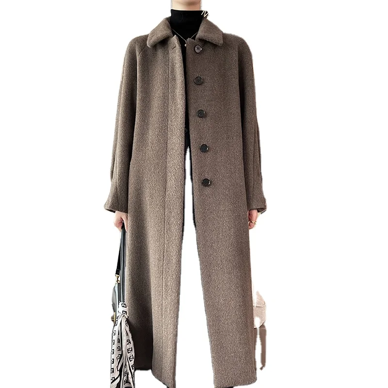 Senior Women’s High Quality Soft Alpaca Thickened Loose Coat Long Sleeve Cashmere