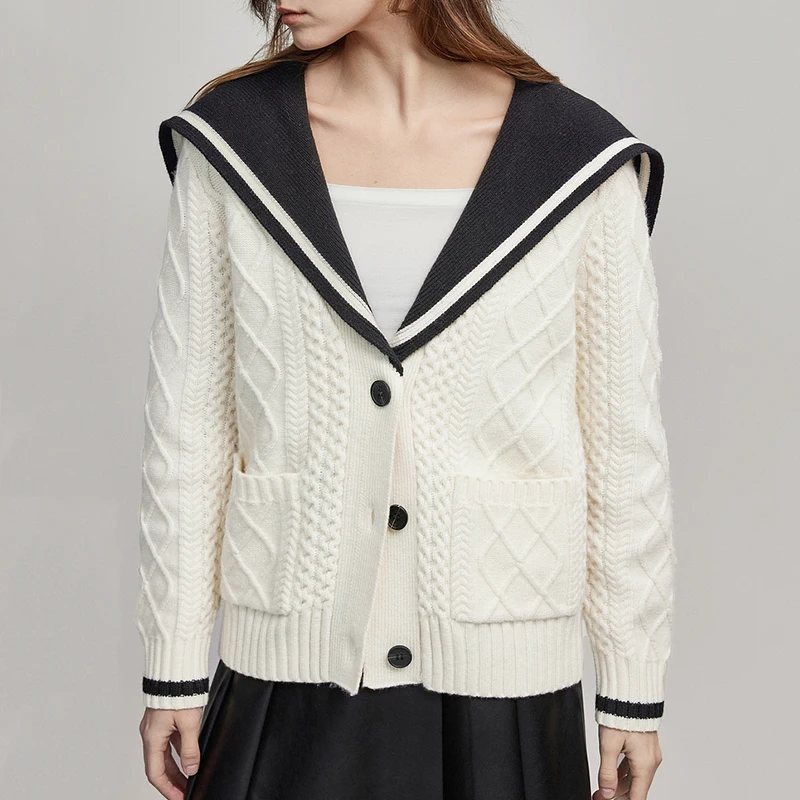 Sailor Collar Knitwear Women Single Breasted Loose Wool Knitted Sweater Cardigan